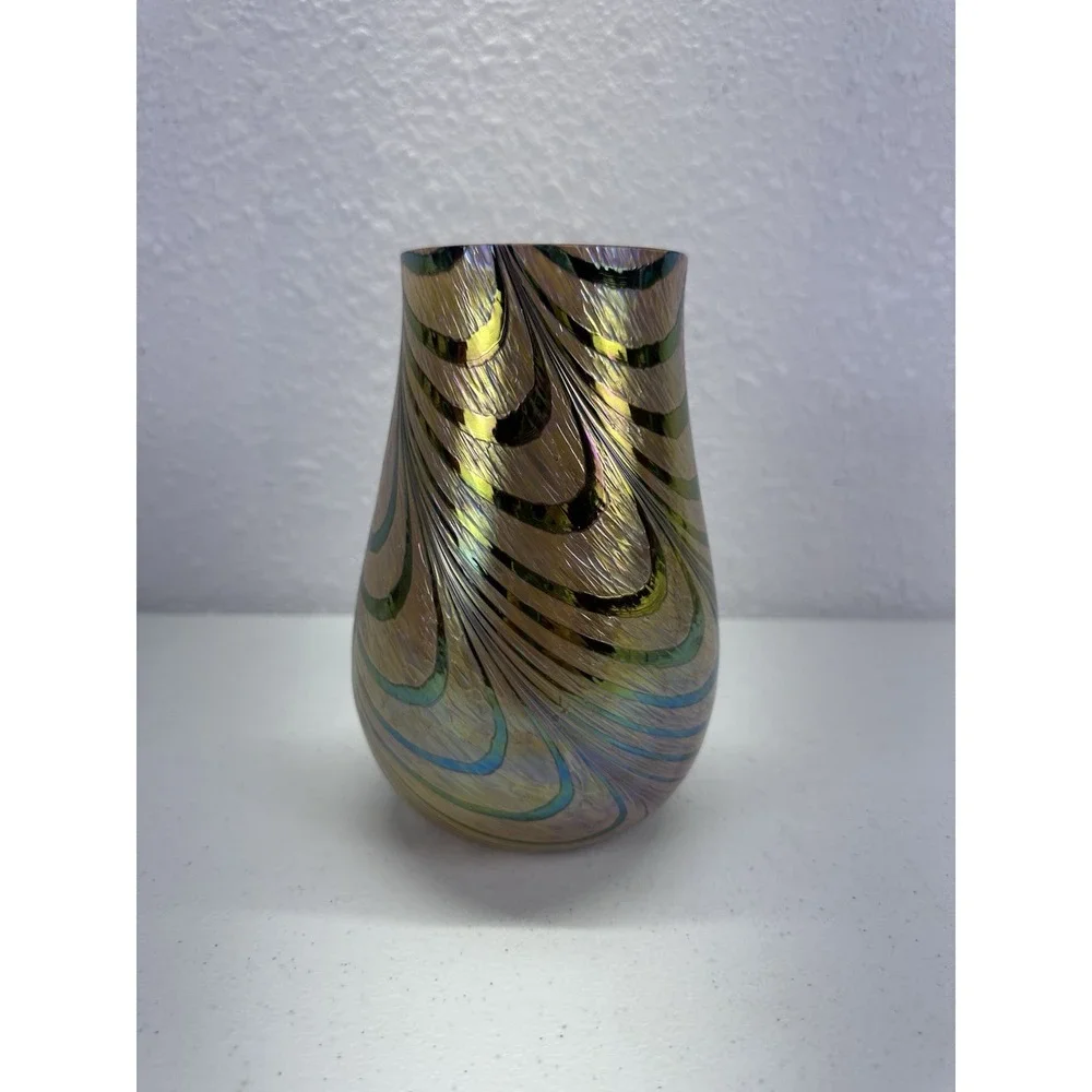 Teleflora Brown Iridescent Peach Opaque Art Glass Vase W/ Swirl Design 7